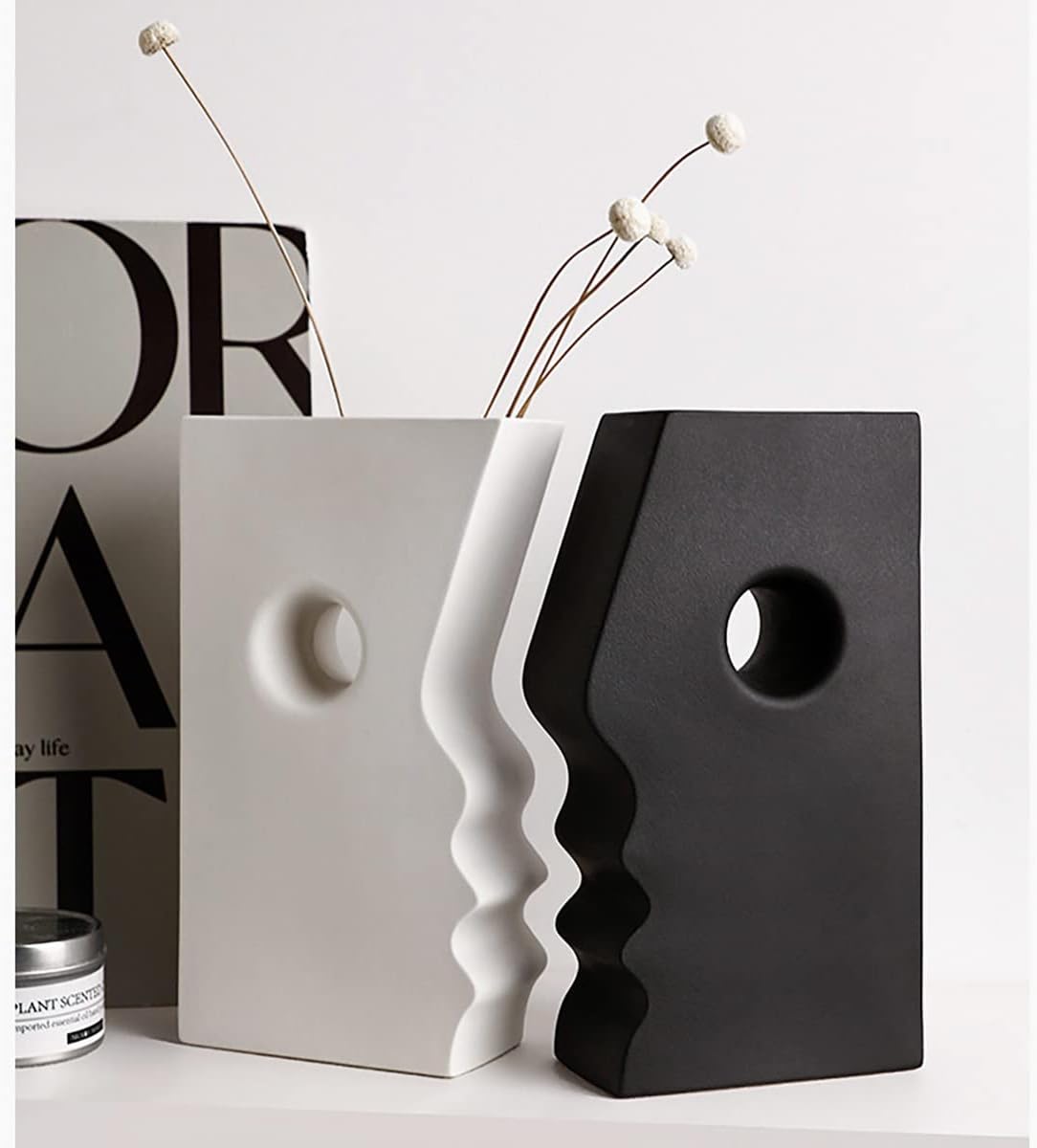 Ceramic Set of 2 Modern Black and White Vases for Home D cor