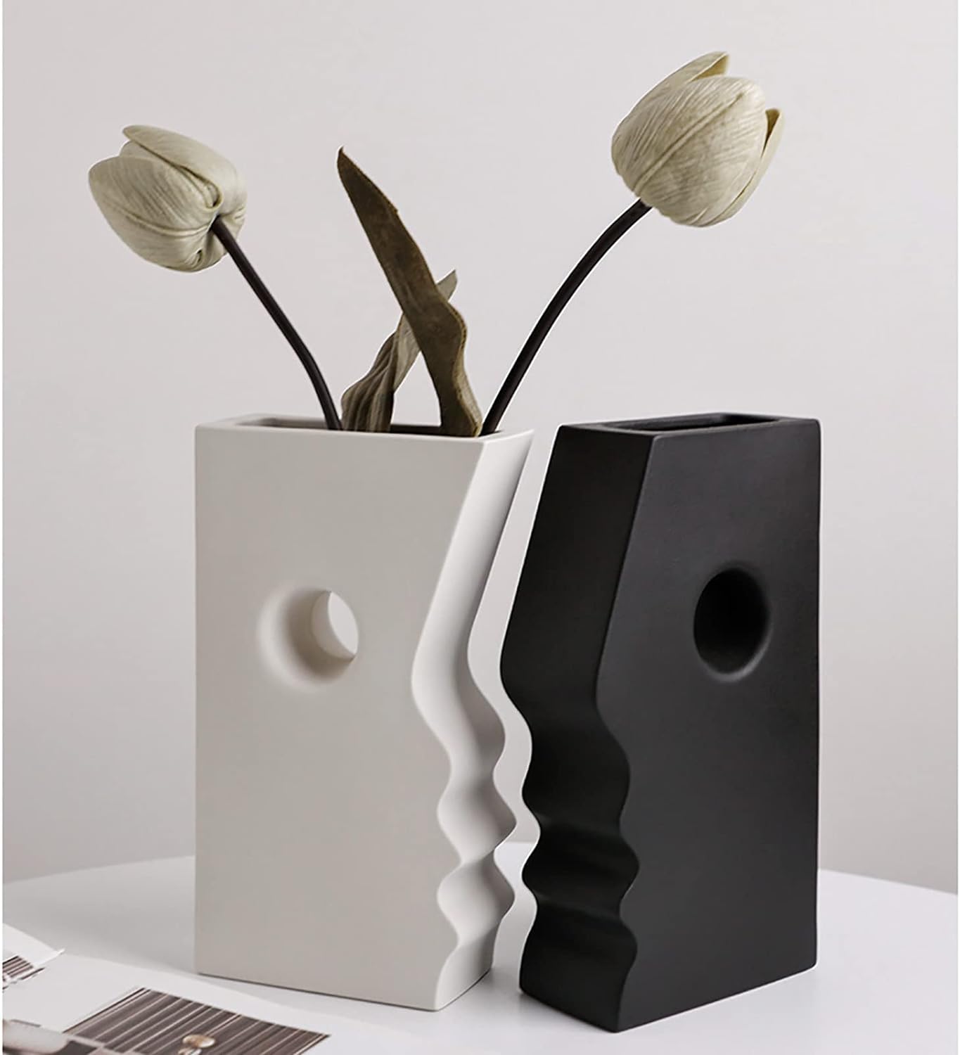 Ceramic Set of 2 Modern Black and White Vases for Home D cor