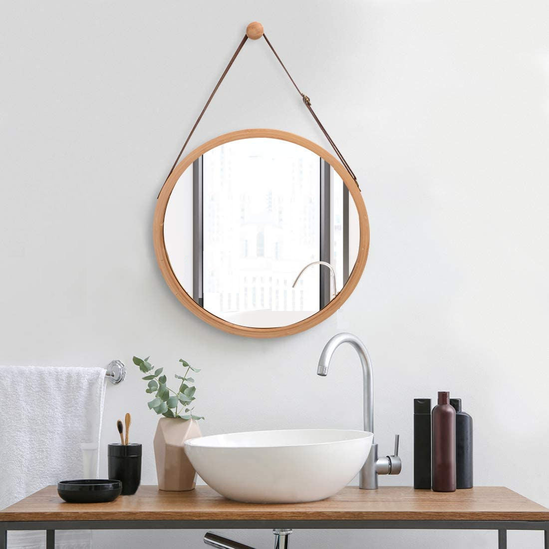 Adjustable Round Wall Mirror, Bamboo Frame 38cm, Leather Strap