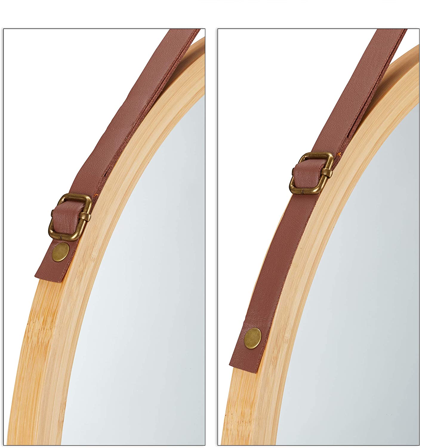 Adjustable Round Wall Mirror, Bamboo Frame 38cm, Leather Strap