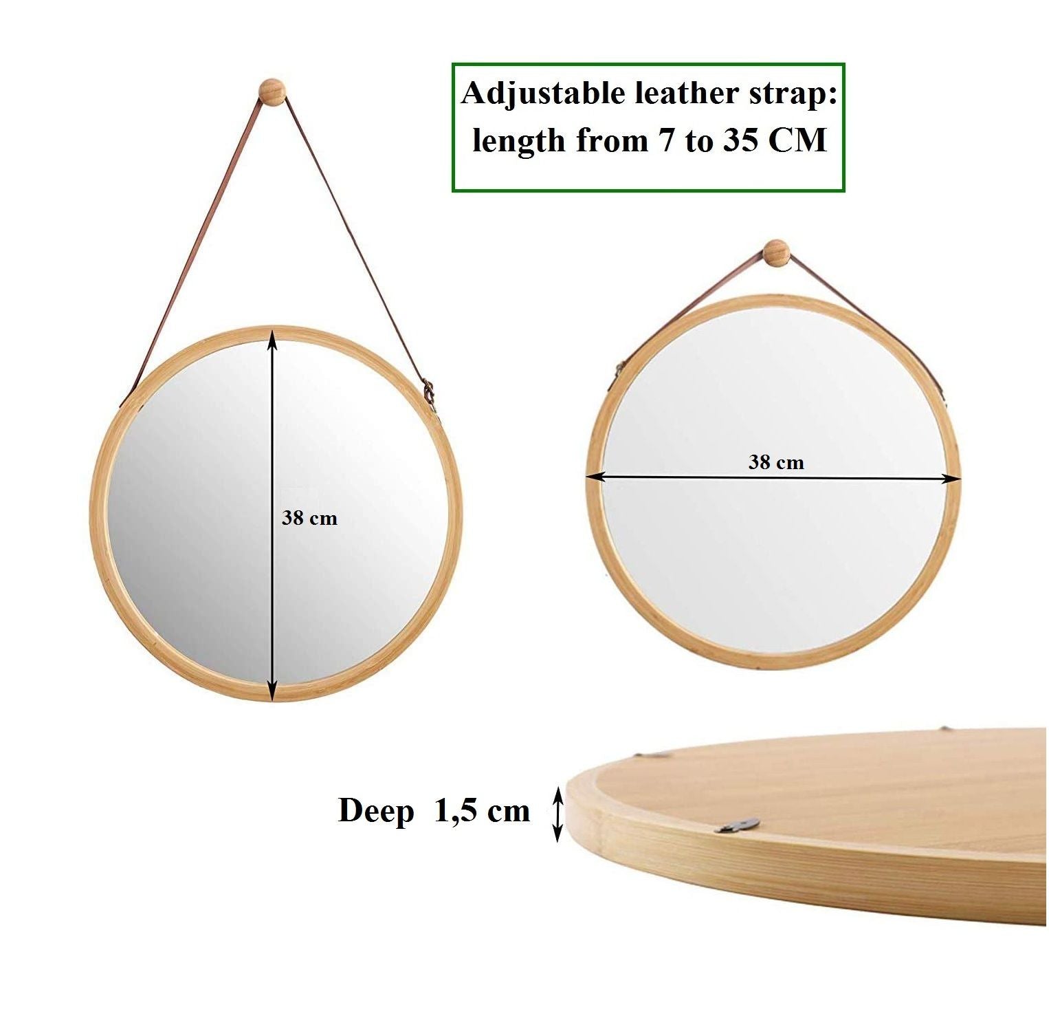 Adjustable Round Wall Mirror, Bamboo Frame 38cm, Leather Strap