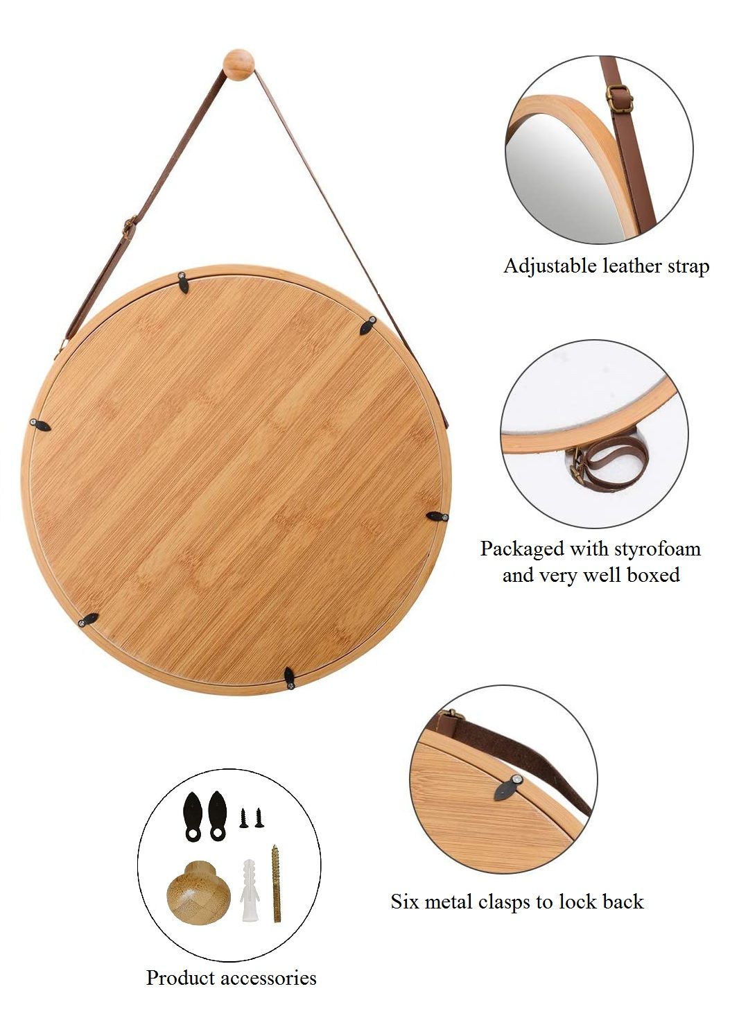 Adjustable Round Wall Mirror, Bamboo Frame 38cm, Leather Strap