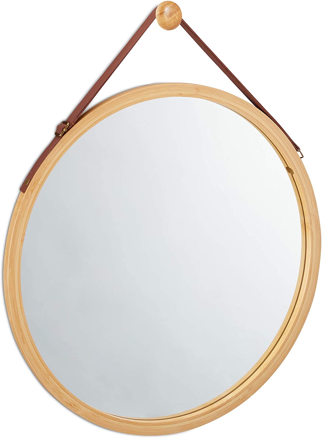 Hanging Round Wall Mirror 45 cm - Solid Bamboo Frame and Adjustable Leather Strap for Bathroom and Bedroom