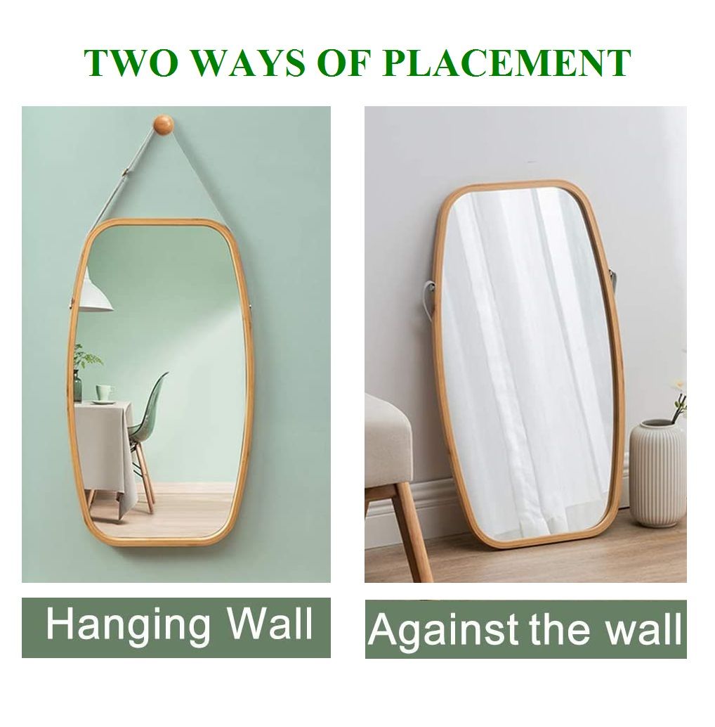 Adjustable Bamboo Wall Mirror with Leather Strap - 74x43cm