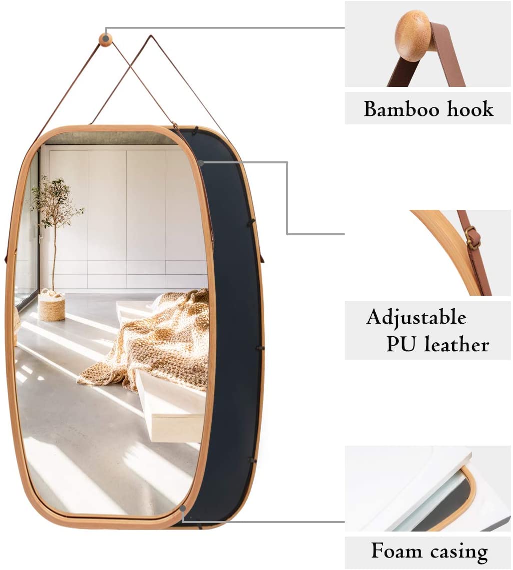 Adjustable Bamboo Wall Mirror with Leather Strap - 74x43cm