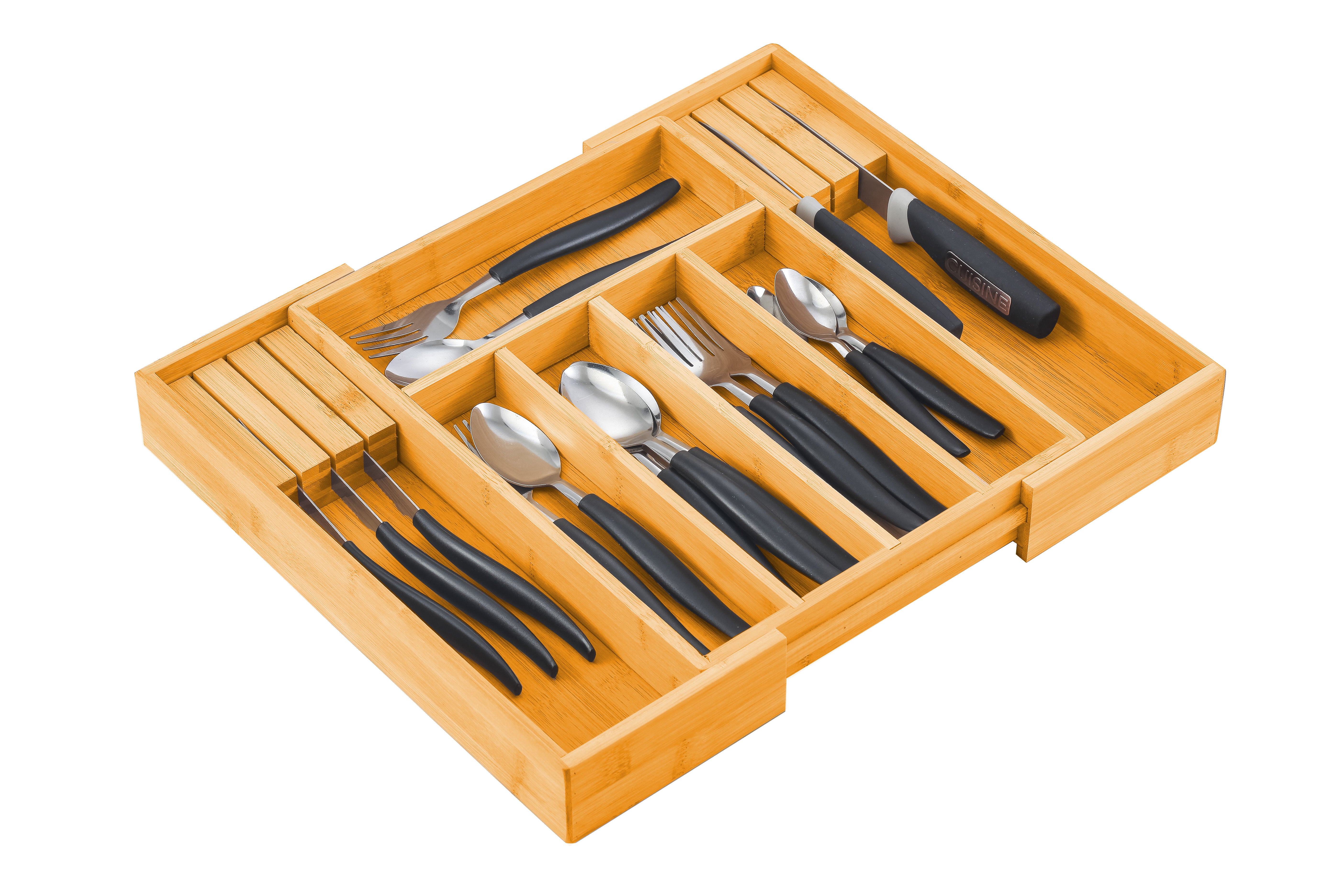 Large Bamboo Expandable Drawer Organizer with Knife Block