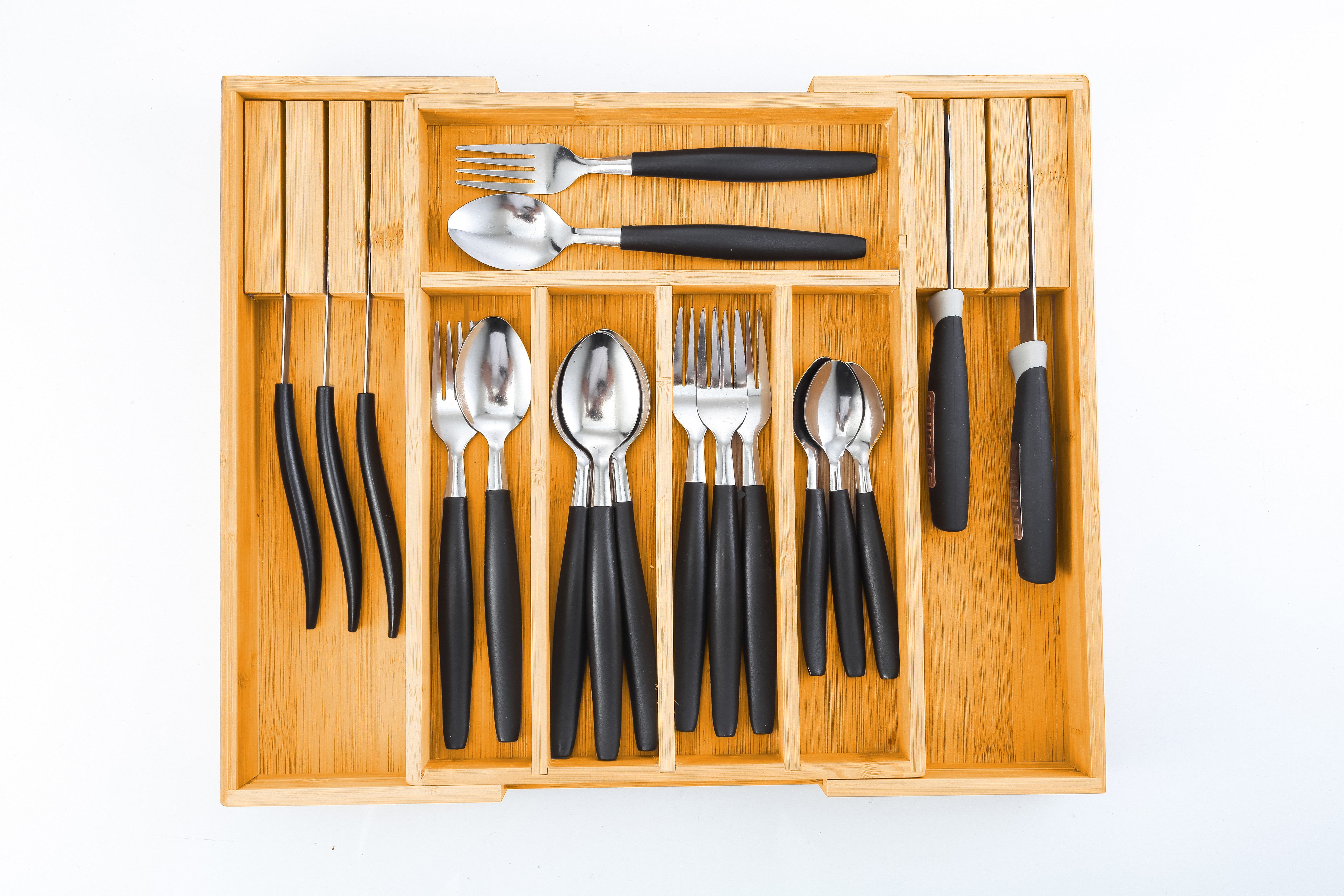 Large Bamboo Expandable Drawer Organizer with Knife Block