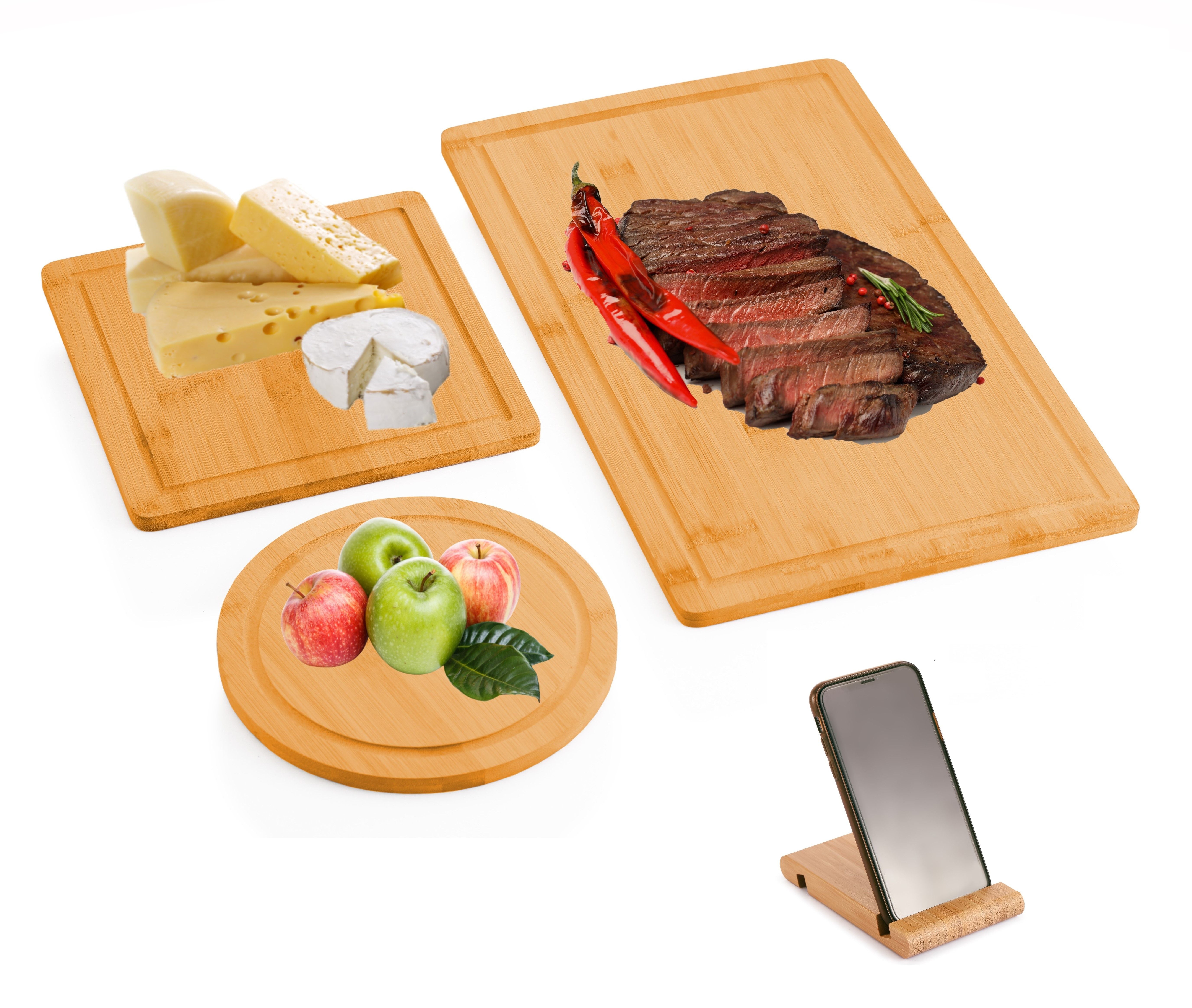 3-Piece Bamboo Cutting Board Set with Juice Groove and Holder