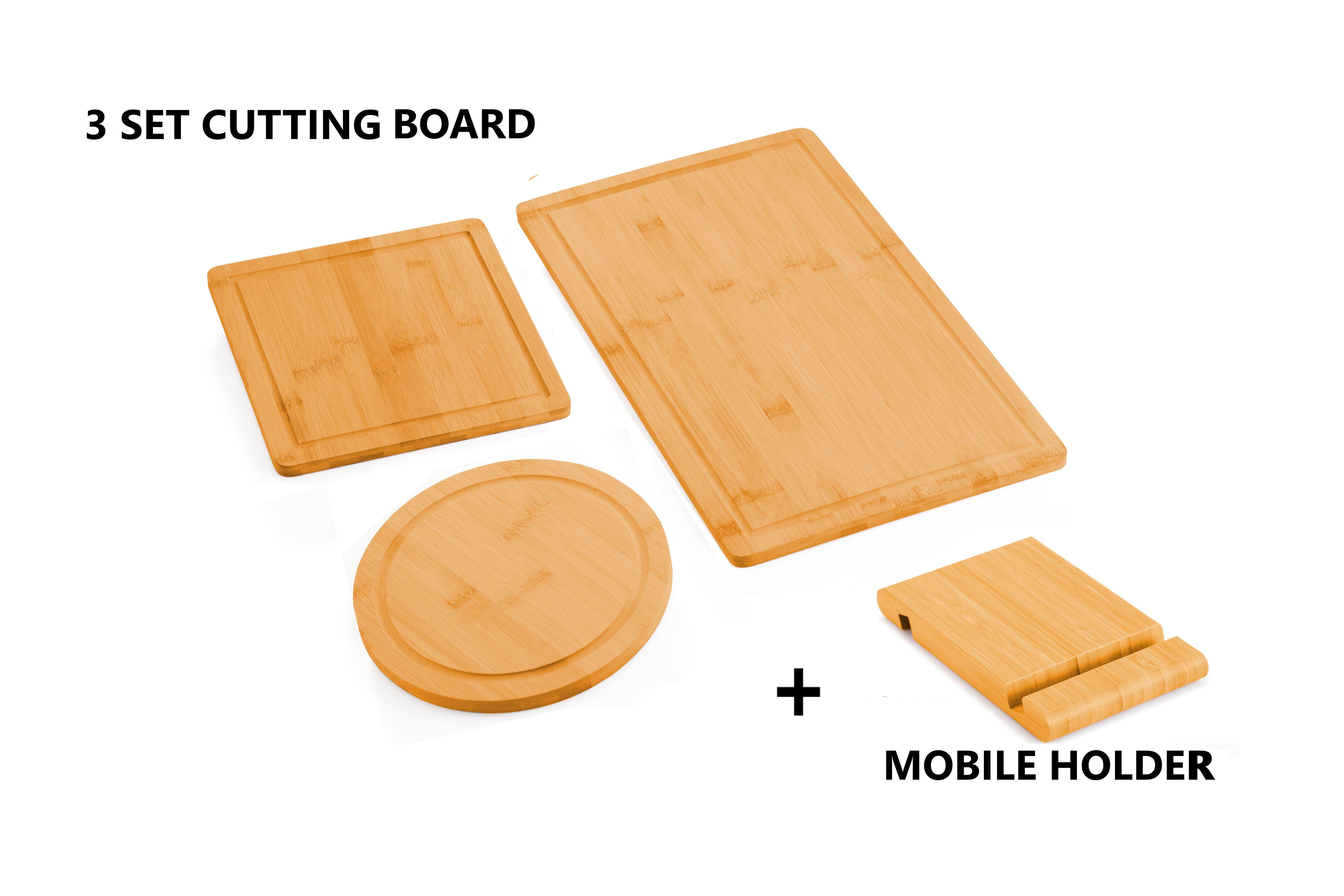 3-Piece Bamboo Cutting Board Set with Juice Groove and Holder