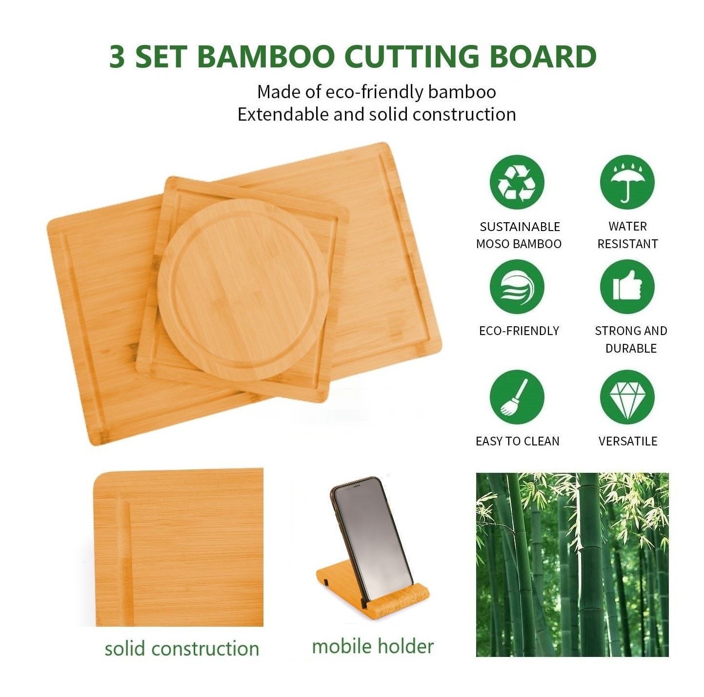 3-Piece Bamboo Cutting Board Set with Juice Groove and Holder