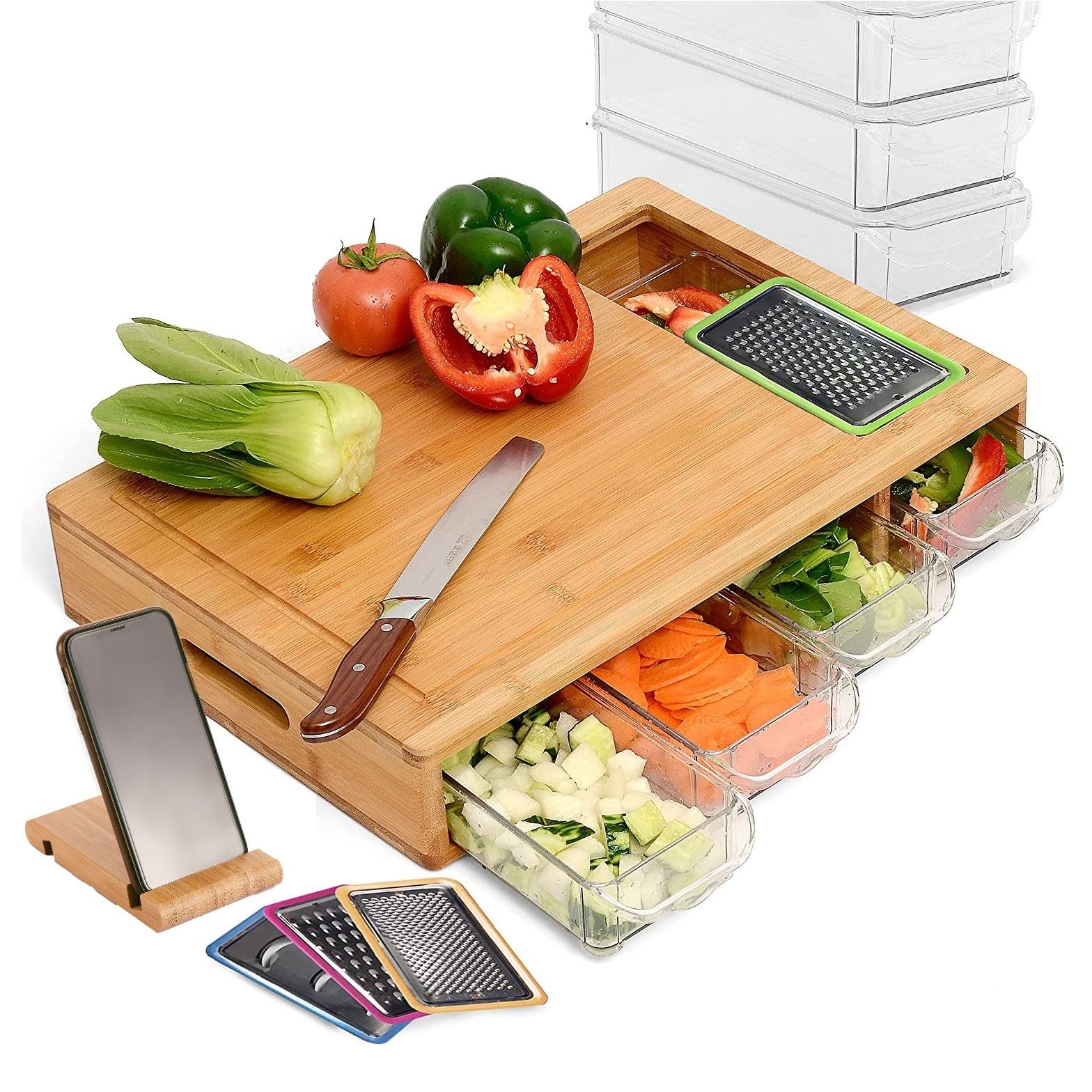 Eco-Friendly Bamboo Cutting Board Set with 4 Containers & Mobile Holder