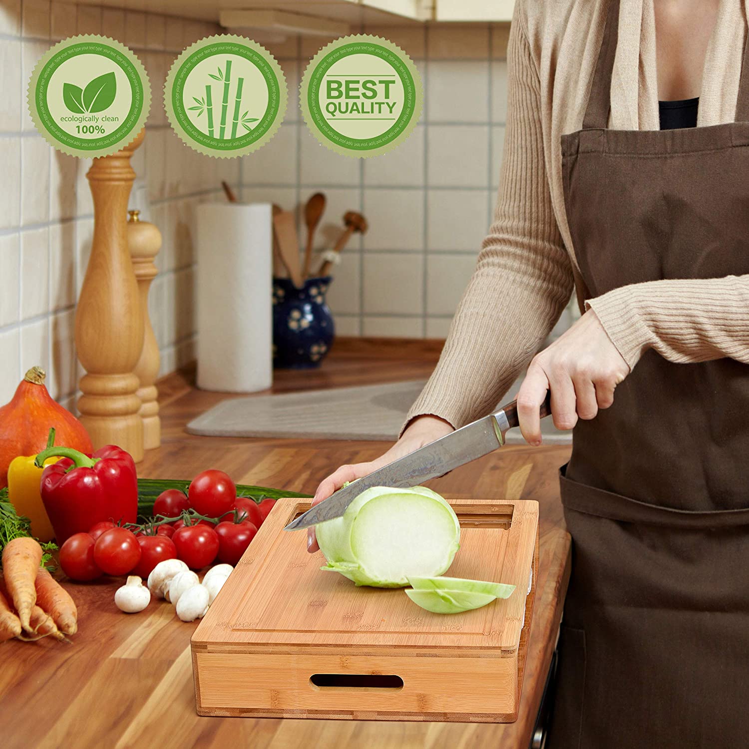 Eco-Friendly Bamboo Cutting Board Set with 4 Containers & Mobile Holder