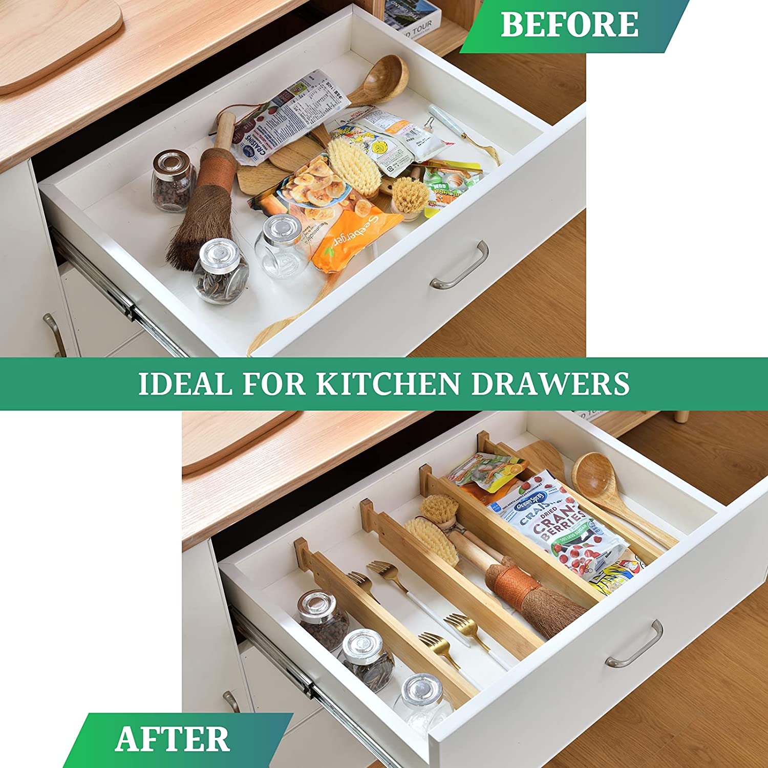 Expandable Bamboo Kitchen Drawer Dividers (44-55 cm, 4 Pack)