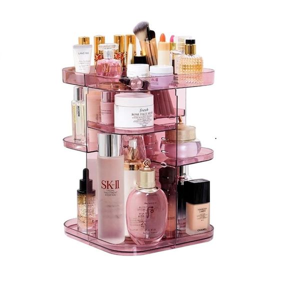 360 Rotating Makeup Organizer, Large Capacity, Adjustable Trays, Pink