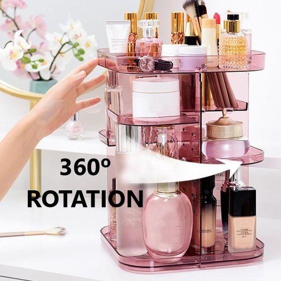 360 Rotating Makeup Organizer, Large Capacity, Adjustable Trays, Pink