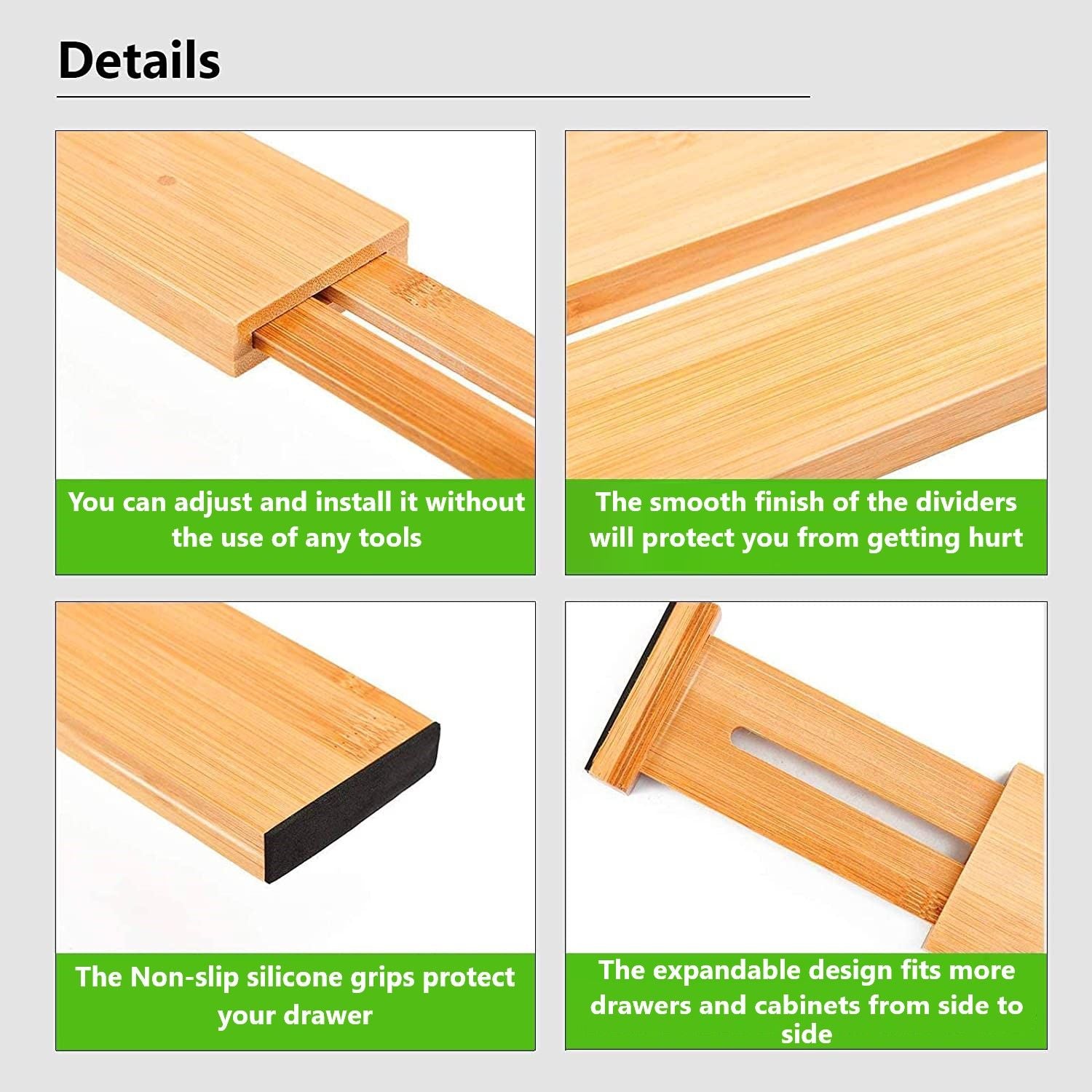 Adjustable Bamboo Kitchen Drawer Dividers Set, 8 Pack (44-55 cm)