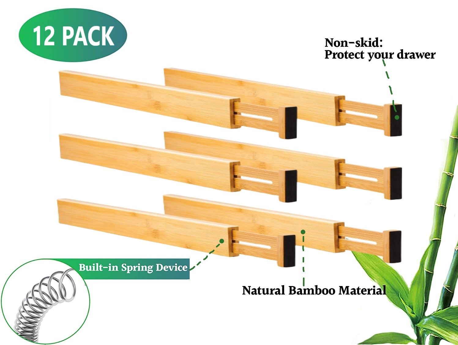 12 Pack Adjustable Bamboo Kitchen Drawer Dividers, 44-55 cm