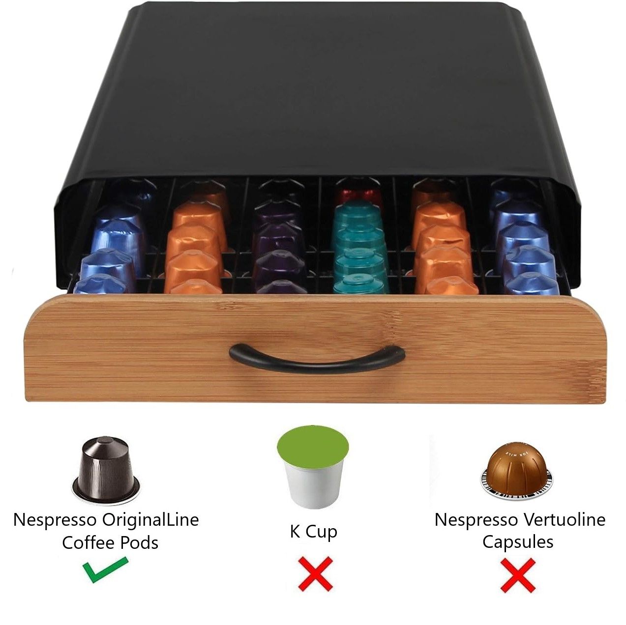 Bamboo Coffee Pods Holder Drawer, 60 Nespresso Capacity, Carla Home