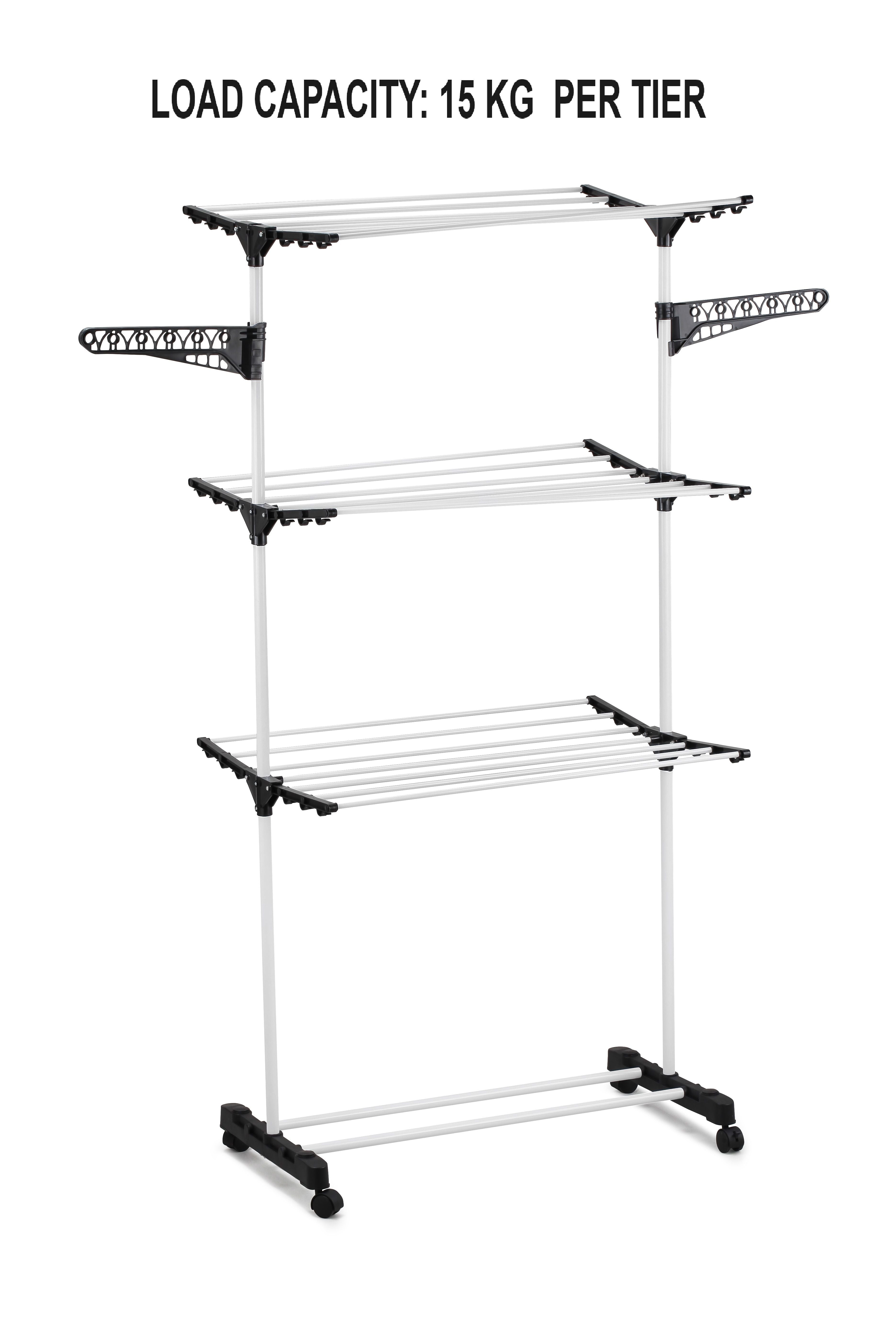 Folding 3 Tier Clothes Drying Rack with Wheels, Steel