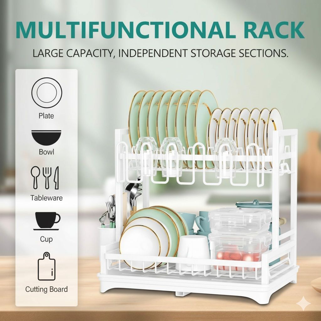 CARLA HOME Dish Drying Rack 2-Tier Kitchen Drainer with Drainboard White