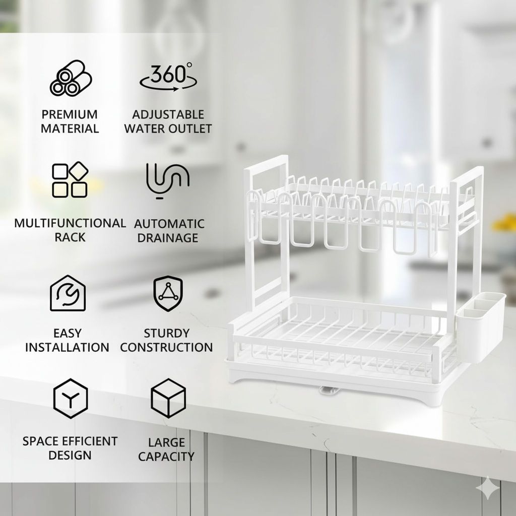 CARLA HOME Dish Drying Rack 2-Tier Kitchen Drainer with Drainboard White