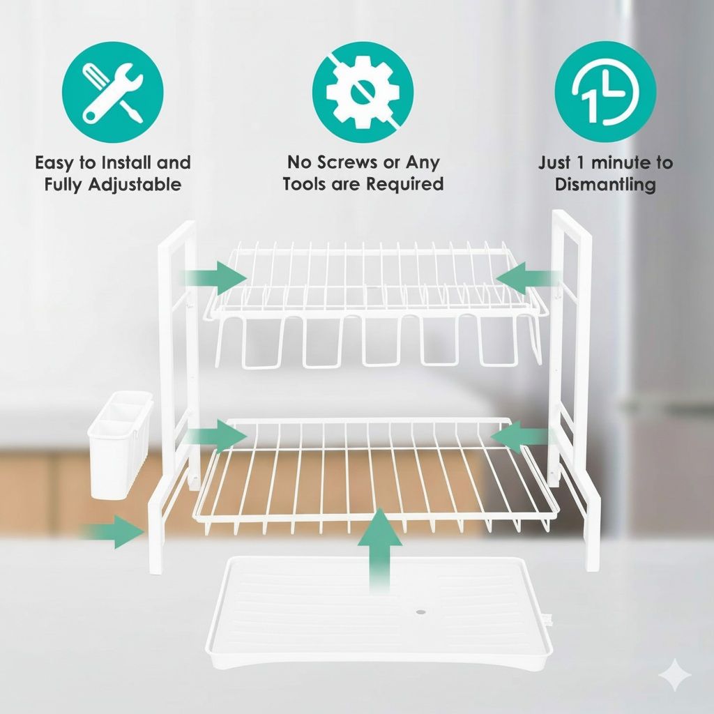 CARLA HOME Dish Drying Rack 2-Tier Kitchen Drainer with Drainboard White