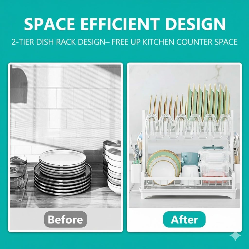 CARLA HOME Dish Drying Rack 2-Tier Kitchen Drainer with Drainboard White