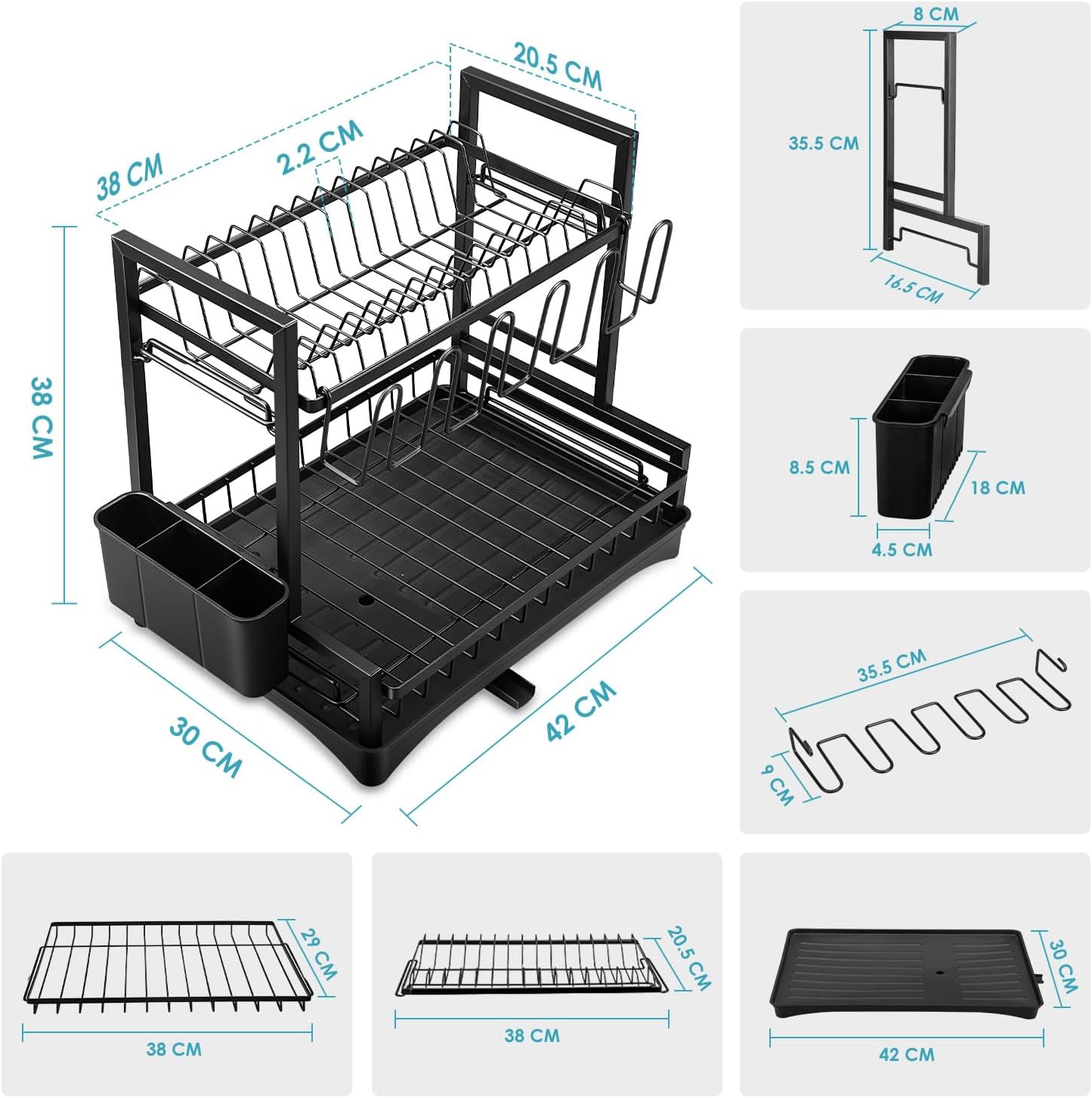 CARLA HOME Dish Drying Rack 2-Tier Kitchen Drainer with Drainboard White