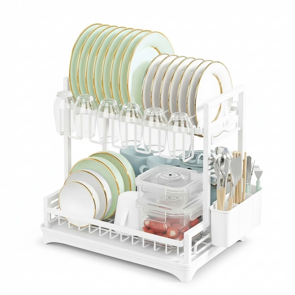CARLA HOME Dish Drying Rack 2-Tier Kitchen Drainer with Drainboard White