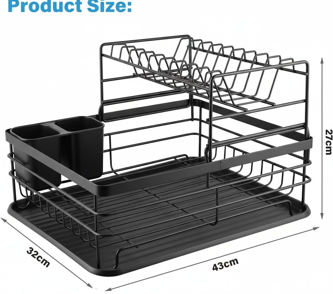 CARLA HOME 2-Tier Dish Drying Rack for Kitchen Counter with Removable Drip Tray, Utensil Holder and Cutlery Organizer Black