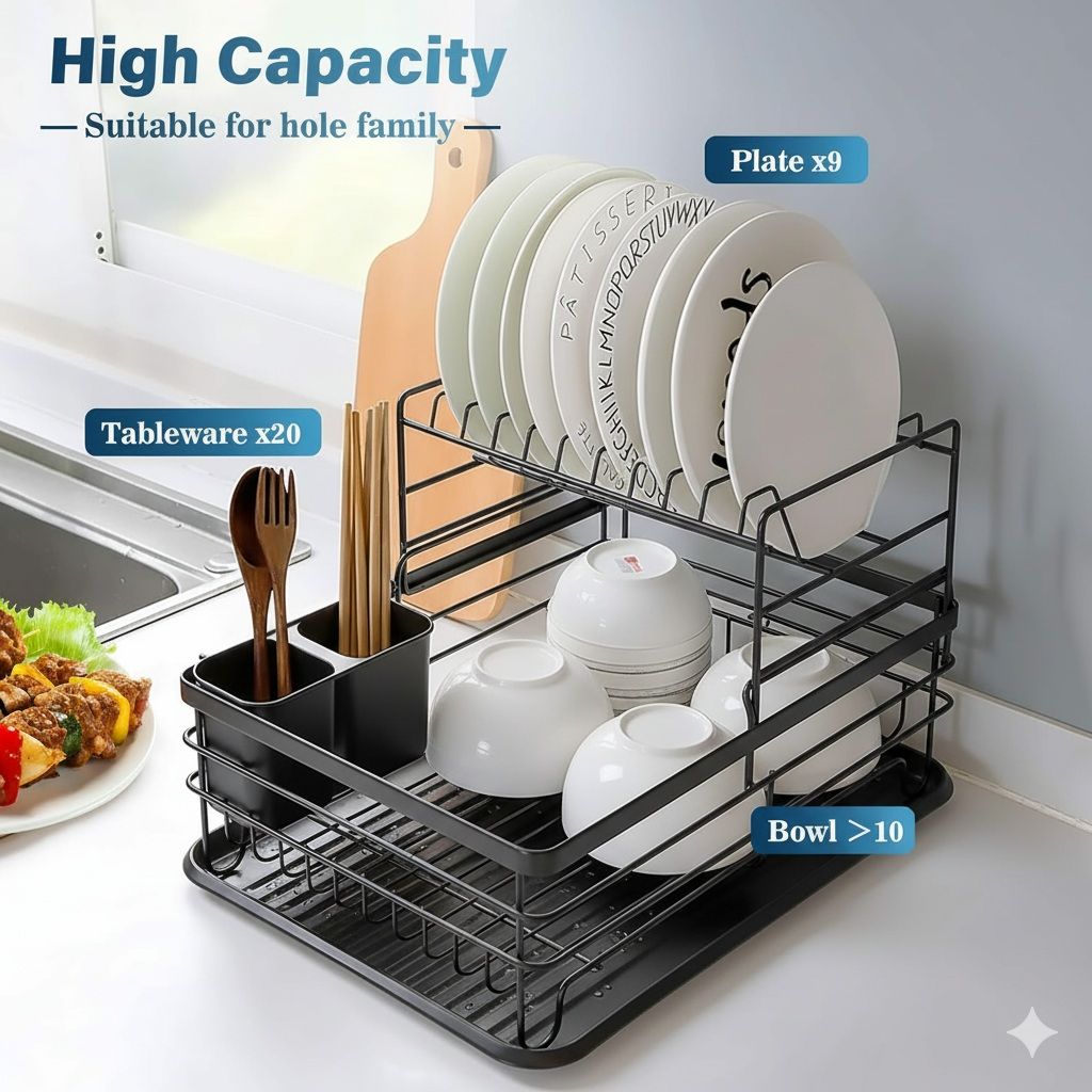 CARLA HOME 2-Tier Dish Drying Rack for Kitchen Counter with Removable Drip Tray, Utensil Holder and Cutlery Organizer Black