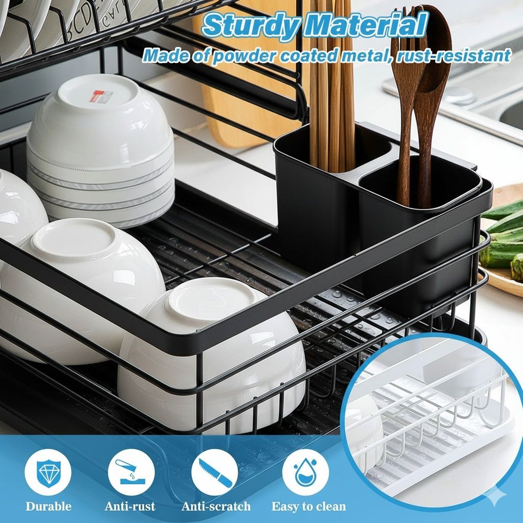 CARLA HOME 2-Tier Dish Drying Rack for Kitchen Counter with Removable Drip Tray, Utensil Holder and Cutlery Organizer Black