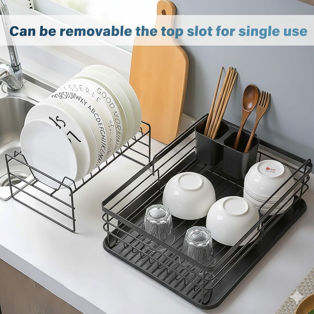CARLA HOME 2-Tier Dish Drying Rack for Kitchen Counter with Removable Drip Tray, Utensil Holder and Cutlery Organizer Black
