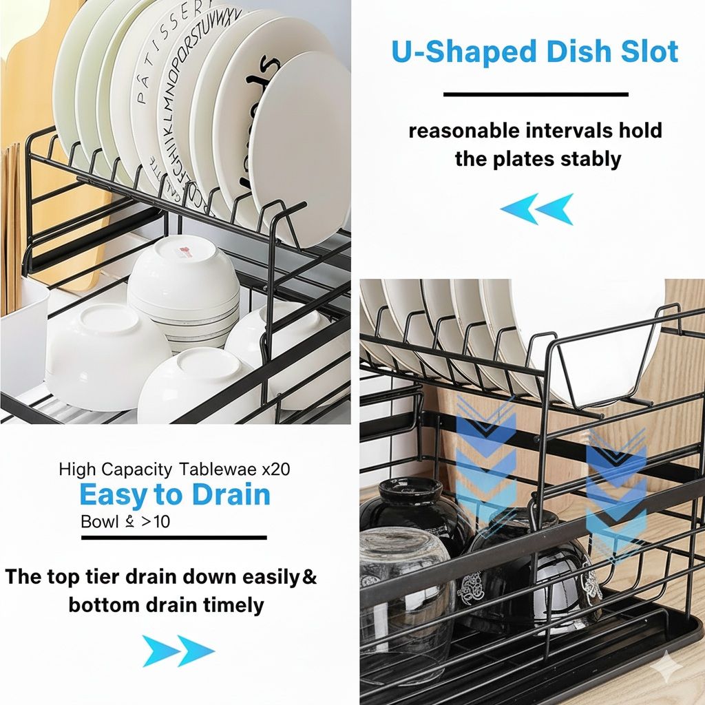 CARLA HOME 2-Tier Dish Drying Rack for Kitchen Counter with Removable Drip Tray, Utensil Holder and Cutlery Organizer Black