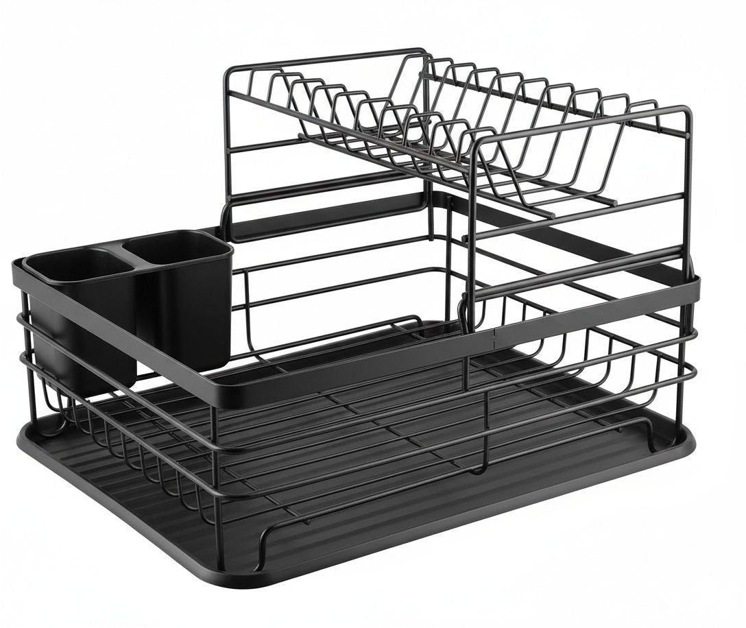 CARLA HOME 2-Tier Dish Drying Rack for Kitchen Counter with Removable Drip Tray, Utensil Holder and Cutlery Organizer Black