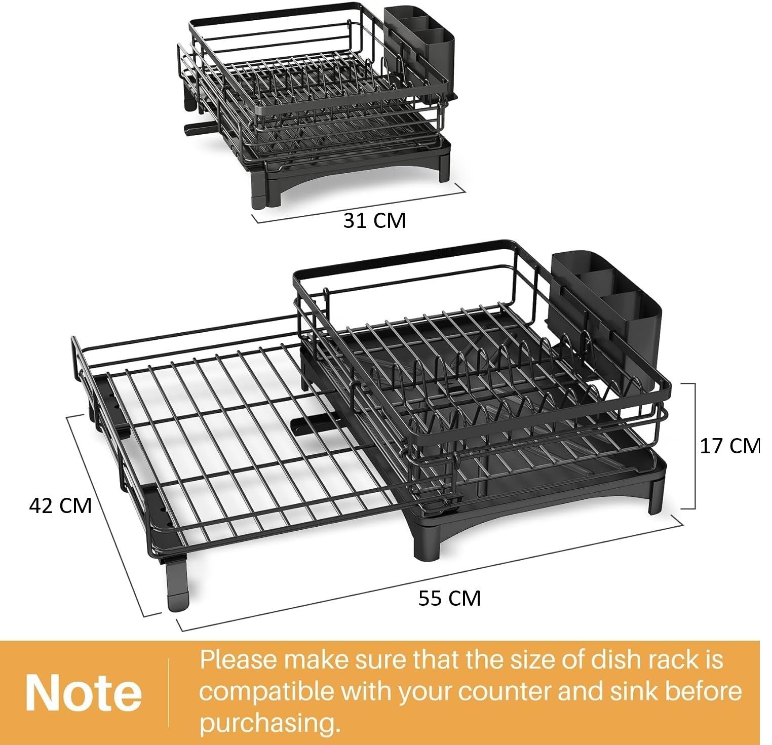 CARLA HOME Expandable Dish Drying Rack with Drainage Spout, Utensil Holder & Drainboardfor Kitchen Countertop Organizer 1 tier