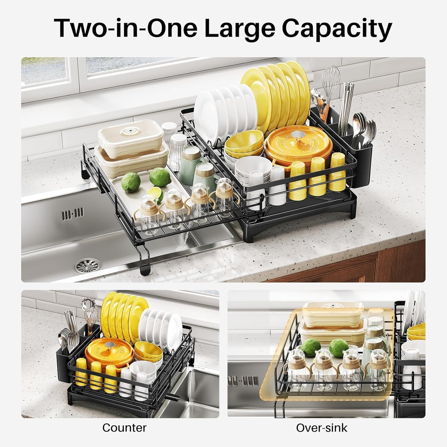 CARLA HOME Expandable Dish Drying Rack with Drainage Spout, Utensil Holder & Drainboardfor Kitchen Countertop Organizer 1 tier