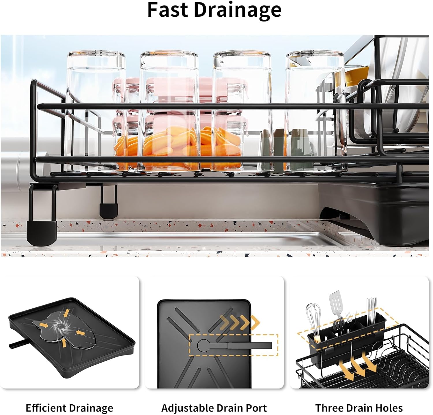 CARLA HOME Expandable Dish Drying Rack with Drainage Spout, Utensil Holder & Drainboardfor Kitchen Countertop Organizer 1 tier