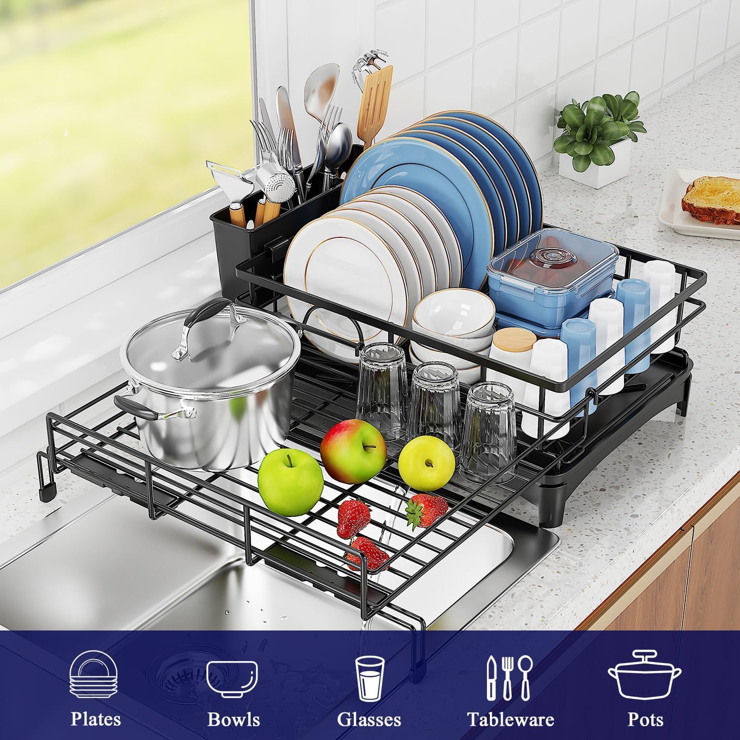 CARLA HOME Expandable Dish Drying Rack with Drainage Spout, Utensil Holder & Drainboardfor Kitchen Countertop Organizer 1 tier