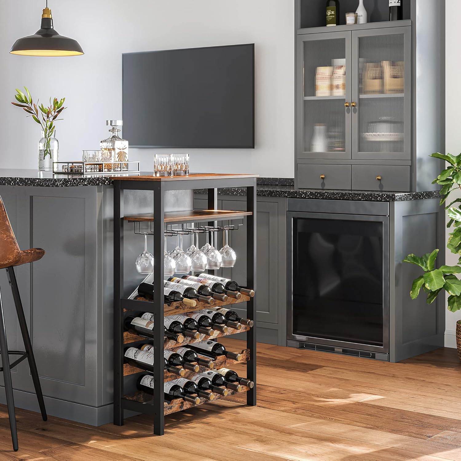 CARLA HOME Large Wine Rack with Glass Holder, Metal Designed Bottle Holder and Wood Countertop up to Wine & Champagne Bottles