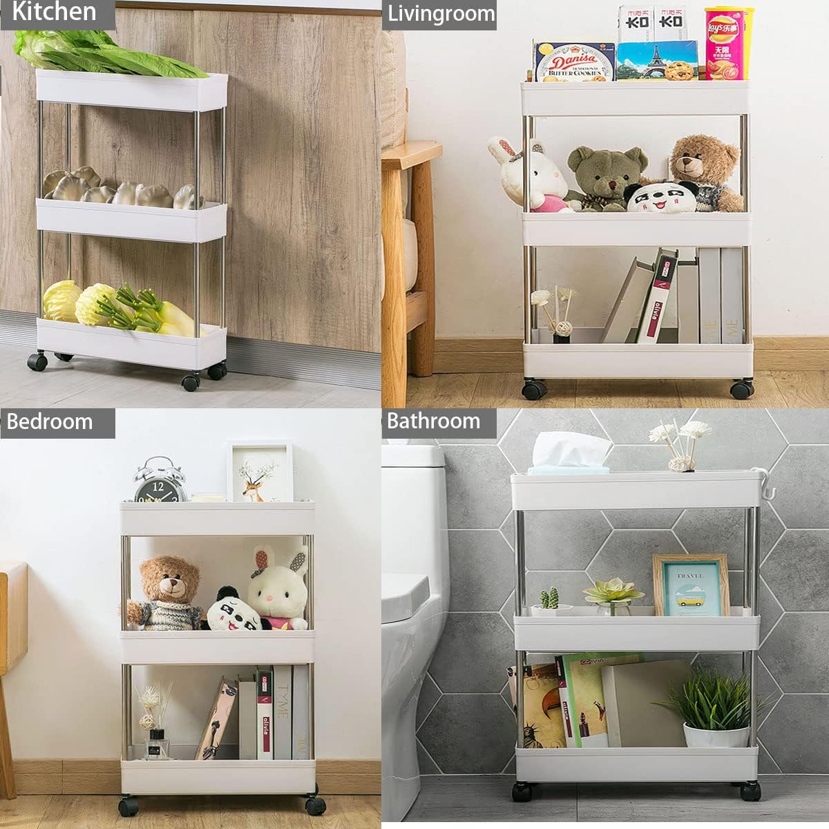 CARLA HOME Slim Storage Cart Organizer Trolley with Wheels for Kitchen, Bathroom, Laundry & Narrow Spaces 3 tier