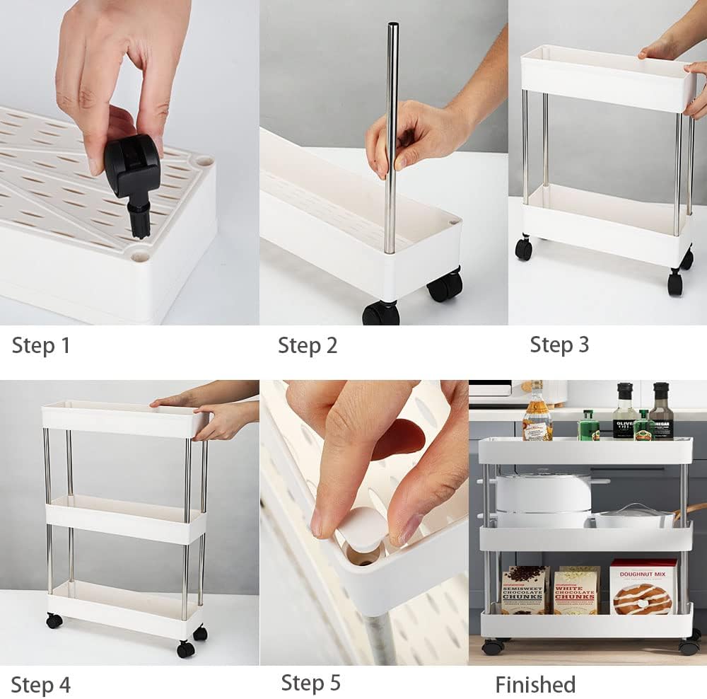 CARLA HOME Slim Storage Cart Organizer Trolley with Wheels for Kitchen, Bathroom, Laundry & Narrow Spaces 3 tier
