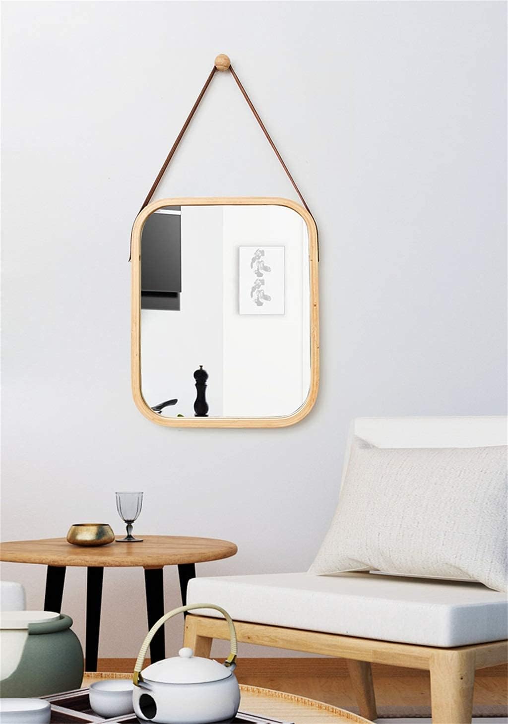 CARLA HOME Hanging Wall Mirror with Bamboo Frame with Adjustable Leather Strap for Bathroom, Bedroom, Vanity or Entryway 40x33 cm
