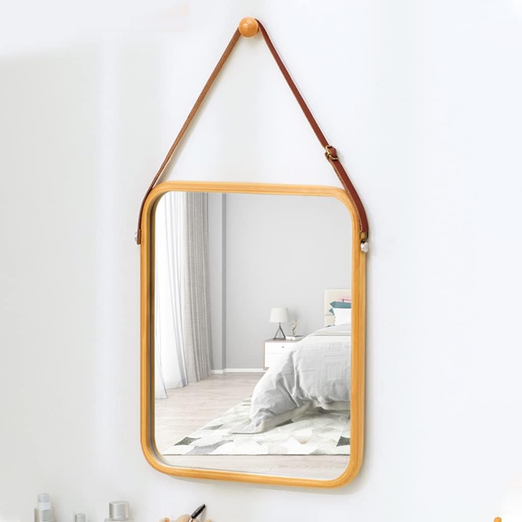 CARLA HOME Hanging Wall Mirror with Bamboo Frame with Adjustable Leather Strap for Bathroom, Bedroom, Vanity or Entryway 40x33 cm