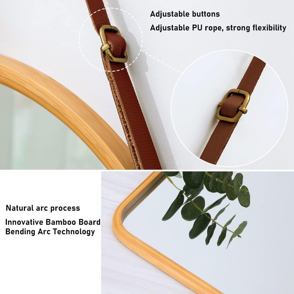 CARLA HOME Hanging Wall Mirror with Bamboo Frame with Adjustable Leather Strap for Bathroom, Bedroom, Vanity or Entryway 40x33 cm