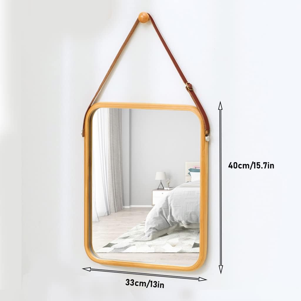 CARLA HOME Hanging Wall Mirror with Bamboo Frame with Adjustable Leather Strap for Bathroom, Bedroom, Vanity or Entryway 40x33 cm