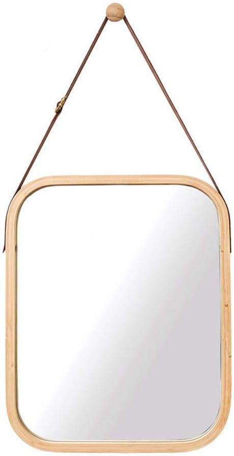 CARLA HOME Hanging Wall Mirror with Bamboo Frame with Adjustable Leather Strap for Bathroom, Bedroom, Vanity or Entryway 40x33 cm
