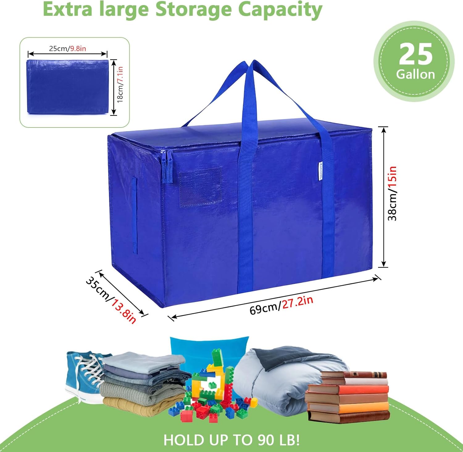 CARLA HOME 6-Pack Large Moving Storage Bags with Zippers & Handles with 95 Liters Capacity for Space Saving, Travel, Camping & Organization Blue