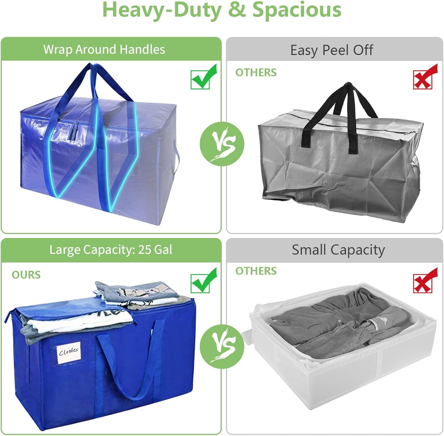 CARLA HOME 6-Pack Large Moving Storage Bags with Zippers & Handles with 95 Liters Capacity for Space Saving, Travel, Camping & Organization Blue
