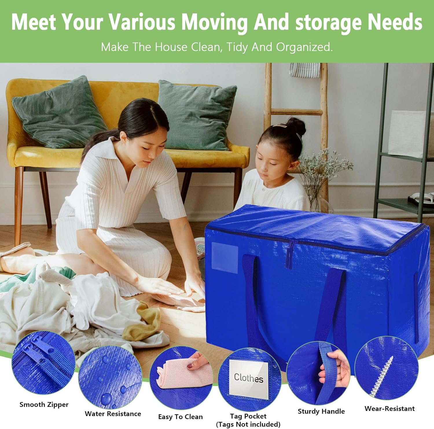 CARLA HOME 6-Pack Large Moving Storage Bags with Zippers & Handles with 95 Liters Capacity for Space Saving, Travel, Camping & Organization Blue